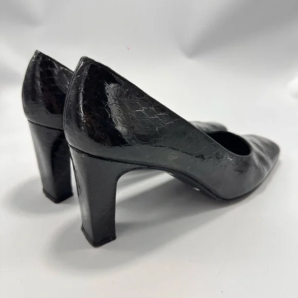 Stuart Weitzman black square toe croc embossed chunky heel pumps size 9 - Picture 5 of 10